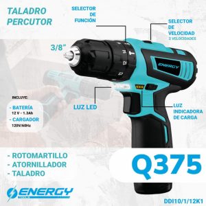 TALADRO PERCUTOR INALAMBRICO ENERGY RAIZ 3/8″ 12V