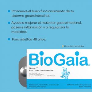 BioGaia Gastrus – Probióticos masticables 🍊 Equilibrio digestivo con sabor a mandarina Fórmula avanzada con cepas específicas para restaurar la microbiota intestinal y apoyar la erradicación de bacterias dañinas como Helicobacter pylori.