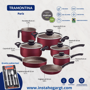 BATERIA COCINA 7 PZS ALUMINIO ANTIADHERENTE ROJA PARIS TRAMONTINA + cubiertos