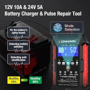 KONNWEI RC-10 - Probador de batería de coche de 12 V/24 V, cargador automático de 7 etapas y herramienta de reparación de pulso, carga rápida, modo de goteo, protección contra sobrecalentamiento