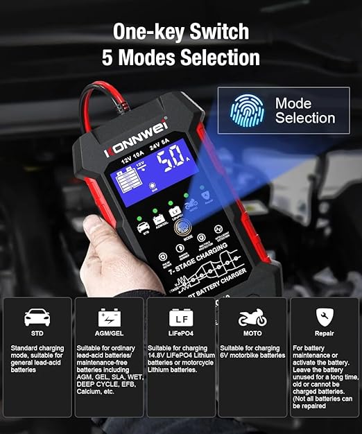 KONNWEI RC-10 - Probador de batería de coche de 12 V/24 V, cargador automático de 7 etapas y herramienta de reparación de pulso, carga rápida, modo de goteo, protección contra sobrecalentamiento