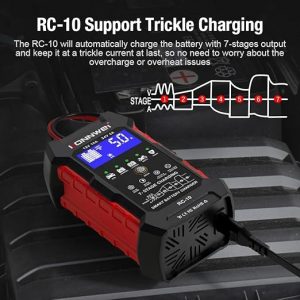 KONNWEI RC-10 - Probador de batería de coche de 12 V/24 V, cargador automático de 7 etapas y herramienta de reparación de pulso, carga rápida, modo de goteo, protección contra sobrecalentamiento