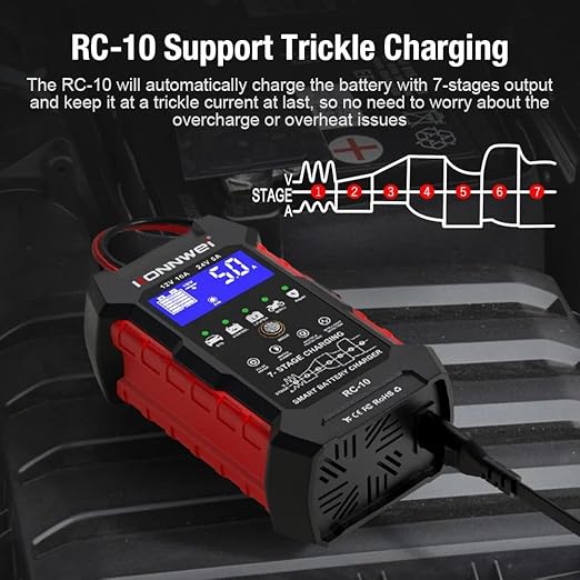 KONNWEI RC-10 - Probador de batería de coche de 12 V/24 V, cargador automático de 7 etapas y herramienta de reparación de pulso, carga rápida, modo de goteo, protección contra sobrecalentamiento