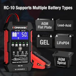 KONNWEI RC-10 - Probador de batería de coche de 12 V/24 V, cargador automático de 7 etapas y herramienta de reparación de pulso, carga rápida, modo de goteo, protección contra sobrecalentamiento