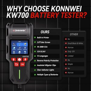 KONNWEI Kw700 Probador de batería de automóvil con impresora, probador de carga de batería automotriz de 12 V 24 V, prueba de arranque y carga, analizador de batería 100-2000CCA probador de alternador para