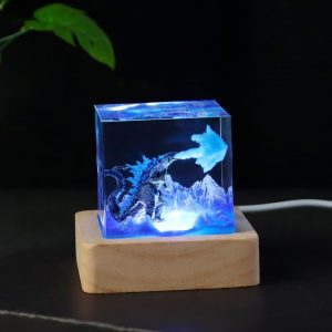 Handmade Godzilla Resin Lamp with Wooden Base, USB LED Light – 3D Fire-Breathing Monster Night Light for Bedroom, Desk, or Office Decor, Unique Collectible Gift for Fans & Adults
