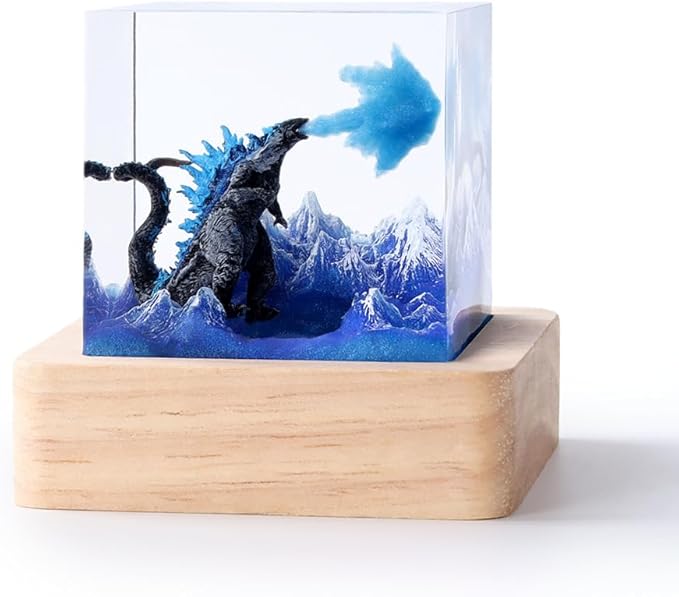 Handmade Godzilla Resin Lamp with Wooden Base, USB LED Light – 3D Fire-Breathing Monster Night Light for Bedroom, Desk, or Office Decor, Unique Collectible Gift for Fans & Adults