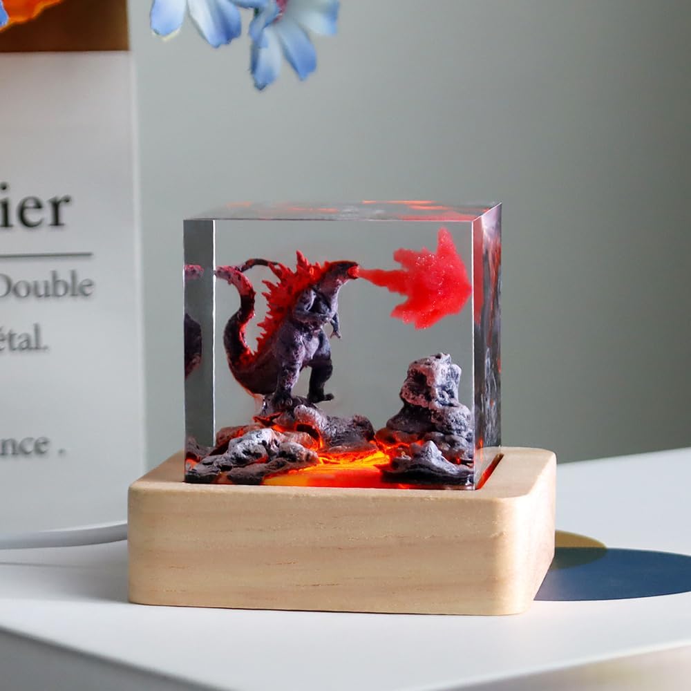 Handmade Godzilla Resin Lamp with Wooden Base, USB LED Light – 3D Fire-Breathing Monster Night Light for Bedroom, Desk, or Office Decor, Unique Collectible Gift for Fans & Adults