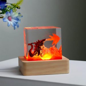 Handmade Godzilla Resin Lamp with Wooden Base, USB LED Light – 3D Fire-Breathing Monster Night Light for Bedroom, Desk, or Office Decor, Unique Collectible Gift for Fans & Adults
