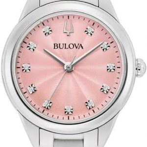 BULOVA Reloj de pulsera de acero inoxidable con esfera rosa para mujer, plateado, Pulsera