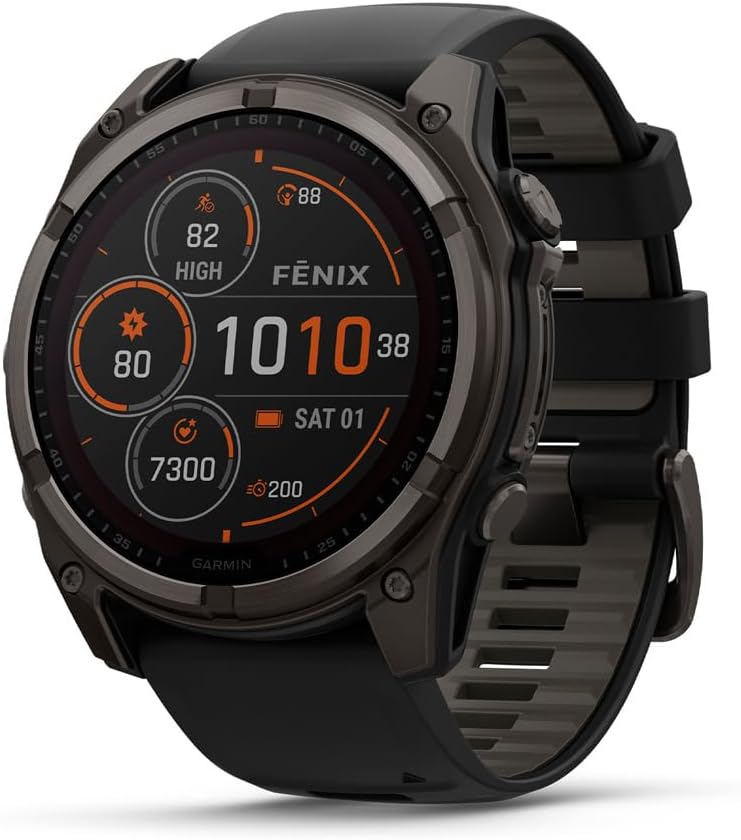 Garmin fēnix® 0.315 - 2.008 in, solar, zafiro, reloj inteligente GPS multideporte premium, batería de larga duración, clasificación para inmersión, linterna LED incorporada, titanio DLC gris carbón