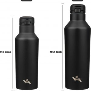 Insulated Water Bottle with Straw,17 OZ Double Wall Vacuum Stainless Steel Water Flask with 2 Lids,Black