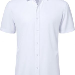 Camisas de vestir de manga corta para hombre, elásticas, con botones, sin arrugas, casual, sólidas, camisa formal para verano, negocios, boda