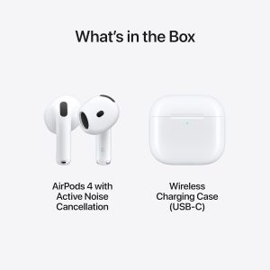 Apple Auriculares inalámbricos AirPods 4, auriculares Bluetooth, con cancelación activa de ruido, audio adaptativo, modo de transparencia, audio espacial personalizado, estuche de carga USB-C, carga