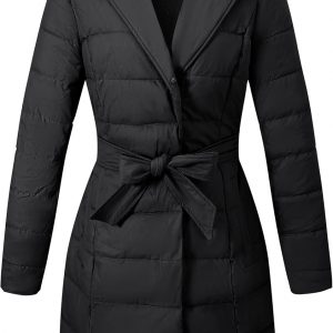 Bellivera Chaqueta acolchada de invierno para mujer, resistente al frío, forro de felpa con cuello de piel extraíble, capucha y cinturón