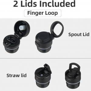 Insulated Water Bottle with Straw,17 OZ Double Wall Vacuum Stainless Steel Water Flask with 2 Lids,Black