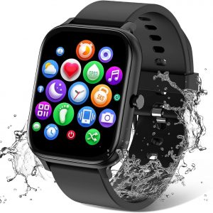 Reloj inteligente para hombres y mujeres, compatible con iPhone, Samsung, teléfono Android, pantalla táctil completa de 1.83 pulgadas, IP68, impermeable, Bluetooth, rastreador de actividad física, monitor de ritmo cardíaco/sueño, color negro