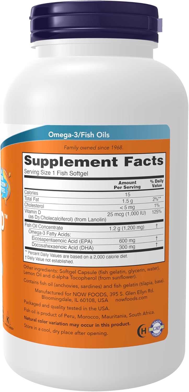 NOW Suplementos, Ultra Omega 3-D™, Aceite de Pescado Omega-3 + Vitamina D-3, Apoyo Cardiovascular*, 180 cápsulas blandas