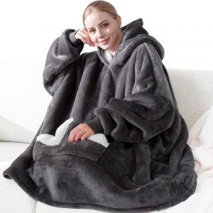Touchat Manta con capucha, sudadera de forro polar Sherpa de gran tamaño con bolsillo gigante para capucha y mangas para adultos, manta gris cálida y acogedora, regalos para mujeres