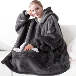 Touchat Manta con capucha, sudadera de forro polar Sherpa de gran tamaño con bolsillo gigante para capucha y mangas para adultos, manta gris cálida y acogedora, regalos para mujeres