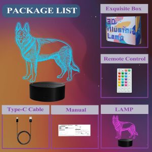 German Shepherd Night Light, German Shepherd Gifts, 3D Illusion Lamp with Remote Control, 16 RGB Colors, 4 Flashing Modes, Timer, Dimmable, Kids Room Dog Decoration for Holiday Birthday Christmas