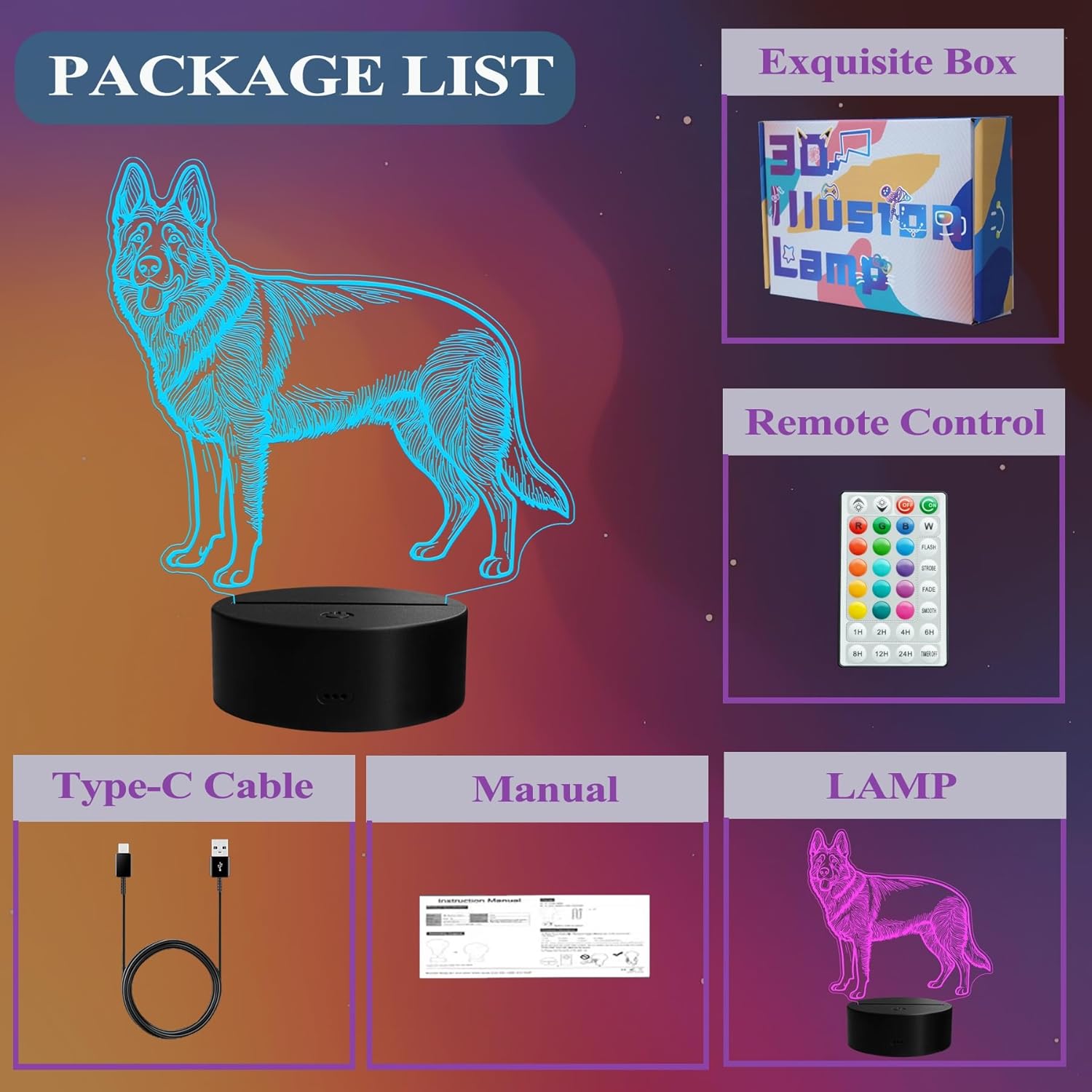 German Shepherd Night Light, German Shepherd Gifts, 3D Illusion Lamp with Remote Control, 16 RGB Colors, 4 Flashing Modes, Timer, Dimmable, Kids Room Dog Decoration for Holiday Birthday Christmas
