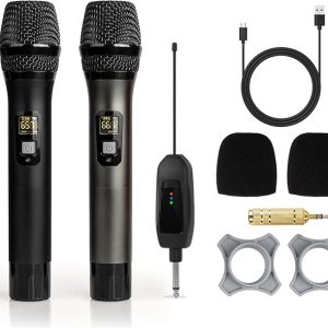 Soundgeek Wireless Microphone UHF Metal Dual Handheld Mic with Rechargeable Receiver 200ft Range, Microphone for Singing, Karaoke, Church, Speech, Wedding, Party Singing (2 Mics, Black & Gray)