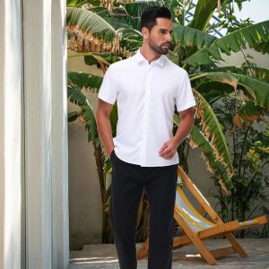 Camisas de vestir de manga corta para hombre, elásticas, con botones, sin arrugas, casual, sólidas, camisa formal para verano, negocios, boda