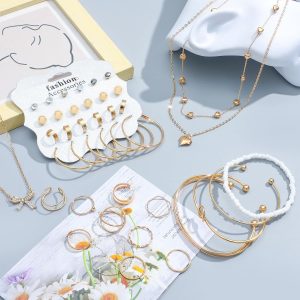 NEWITIN 49 Pieces Gold Jewelry Set for Women Fashion Costume Jewelry Gold Plated Necklace Bracelet Ring Earrings Set for Women