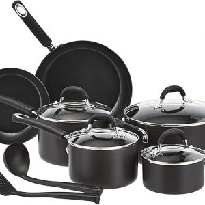 Amazon Basics Juego de utensilios de cocina antiadherentes anodizados duros de 12 piezas, color negro - ollas, sartenes y utensilios