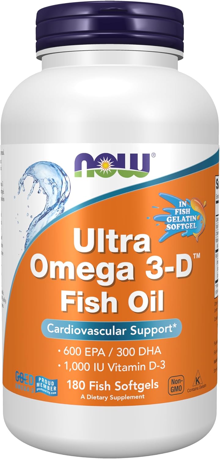 NOW Suplementos, Ultra Omega 3-D™, Aceite de Pescado Omega-3 + Vitamina D-3, Apoyo Cardiovascular*, 180 cápsulas blandas
