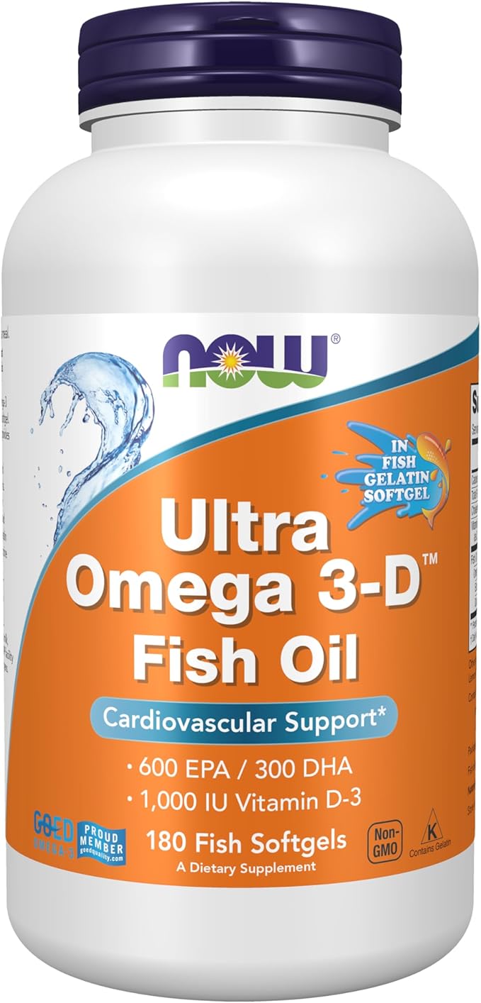 NOW Suplementos, Ultra Omega 3-D™, Aceite de Pescado Omega-3 + Vitamina D-3, Apoyo Cardiovascular*, 180 cápsulas blandas