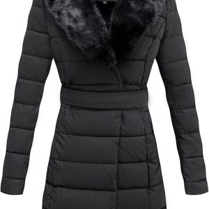 Bellivera Chaqueta acolchada de invierno para mujer, resistente al frío, forro de felpa con cuello de piel extraíble, capucha y cinturón