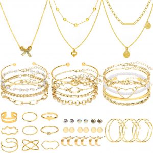 NEWITIN 49 Pieces Gold Jewelry Set for Women Fashion Costume Jewelry Gold Plated Necklace Bracelet Ring Earrings Set for Women