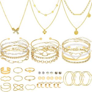 NEWITIN 49 Pieces Gold Jewelry Set for Women Fashion Costume Jewelry Gold Plated Necklace Bracelet Ring Earrings Set for Women