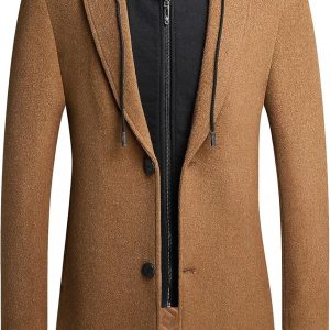PRIJOUHE Men's Wool Coat Hoodie Long Trench Coat Cotton Casual Woollen Overcoat Jacket