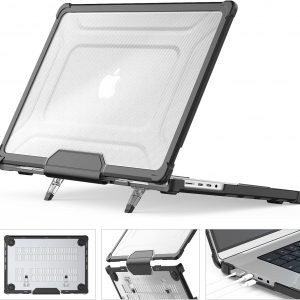 HXCASEAC Funda compatible con MacBook Pro de 16 pulgadas 2024 2023 2022 2021, funda rígida protectora antiarañazos con soporte plegable M4 M3 M2 M1 (A3186 A3403 A2991 A2780 A2485) - Negro