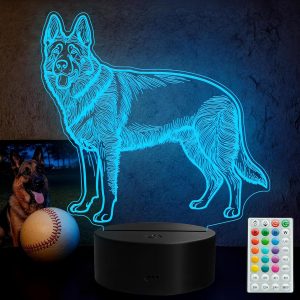 German Shepherd Night Light, German Shepherd Gifts, 3D Illusion Lamp with Remote Control, 16 RGB Colors, 4 Flashing Modes, Timer, Dimmable, Kids Room Dog Decoration for Holiday Birthday Christmas
