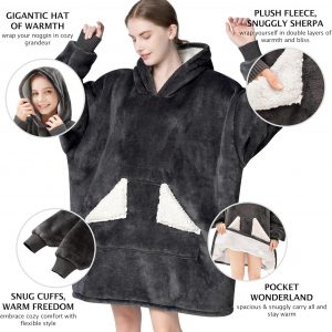 Touchat Manta con capucha, sudadera de forro polar Sherpa de gran tamaño con bolsillo gigante para capucha y mangas para adultos, manta gris cálida y acogedora, regalos para mujeres