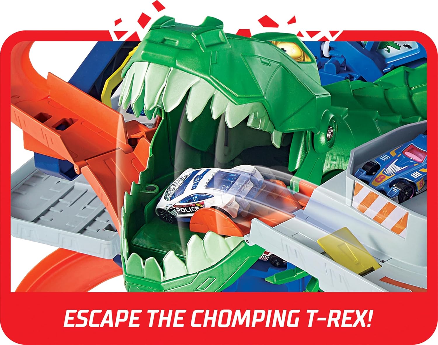 Hot Wheels - Juego de pistas de autos de juguete City Ultimate Garage Moving T-Rex Dinosaur, 100+ almacenamiento de vehículos a escala 1:64, 3 pies de alto, 2 autos de juguete
