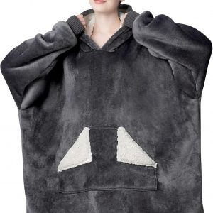 Touchat Manta con capucha, sudadera de forro polar Sherpa de gran tamaño con bolsillo gigante para capucha y mangas para adultos, manta gris cálida y acogedora, regalos para mujeres