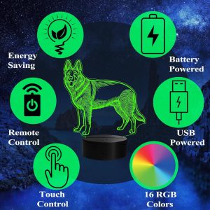 German Shepherd Night Light, German Shepherd Gifts, 3D Illusion Lamp with Remote Control, 16 RGB Colors, 4 Flashing Modes, Timer, Dimmable, Kids Room Dog Decoration for Holiday Birthday Christmas