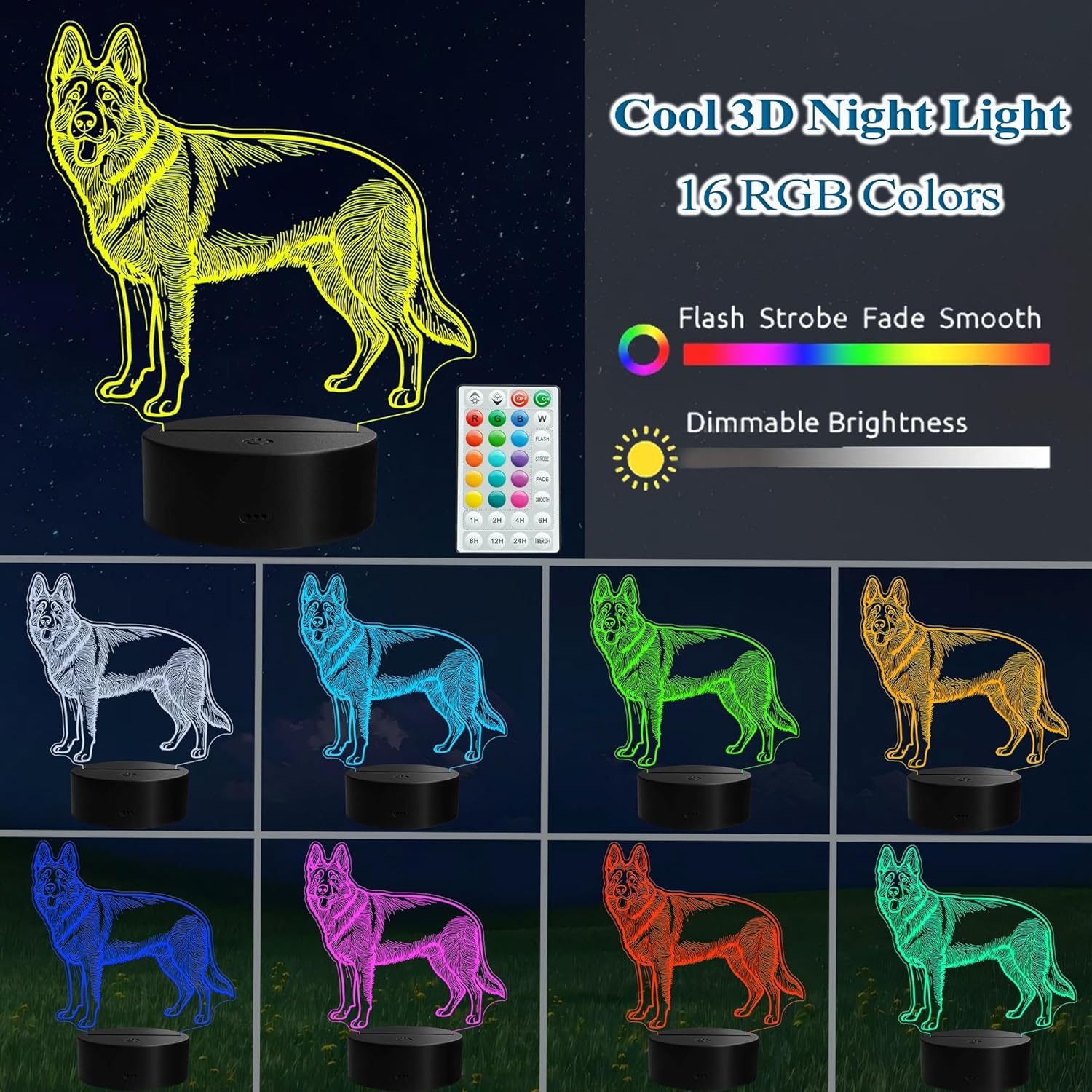 German Shepherd Night Light, German Shepherd Gifts, 3D Illusion Lamp with Remote Control, 16 RGB Colors, 4 Flashing Modes, Timer, Dimmable, Kids Room Dog Decoration for Holiday Birthday Christmas