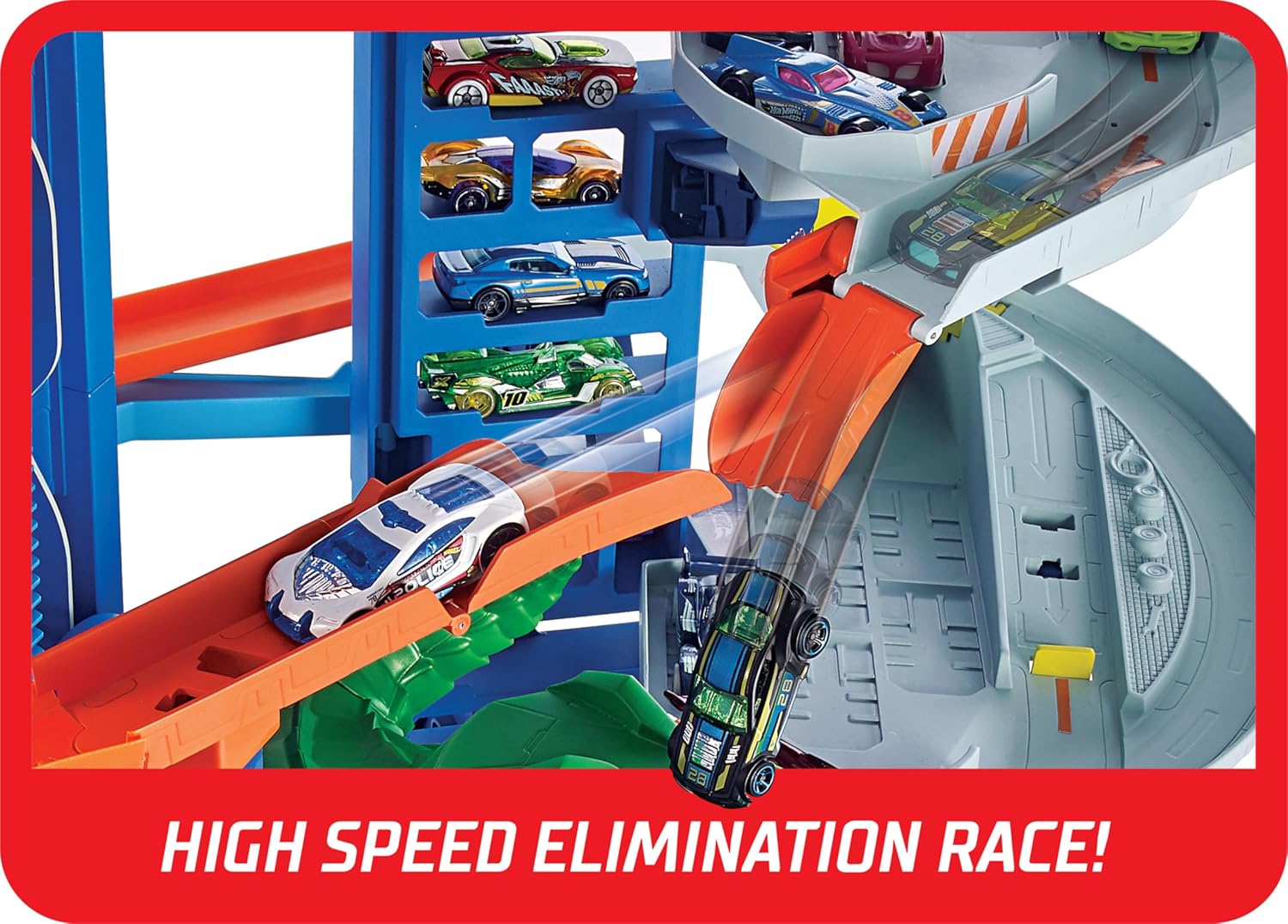 Hot Wheels - Juego de pistas de autos de juguete City Ultimate Garage Moving T-Rex Dinosaur, 100+ almacenamiento de vehículos a escala 1:64, 3 pies de alto, 2 autos de juguete