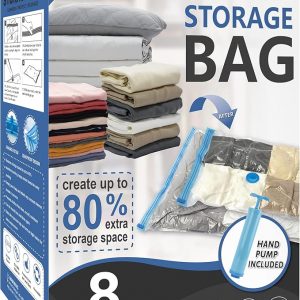 8 Jumbo Vacuum Storage Bags, Space Saver Bags Compression Storage Bags for Comforters and Blankets, Vacuum Sealer Bags for Clothes Storage, Hand Pump Included
