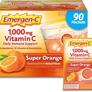 Emergen-C 1000mg Vitamin C Powder for Daily Immune Support Caffeine Free Vitamin C Supplements with Zinc and Manganese, B Vitamins and Electrolytes, Super Orange Flavor - 90 Count/3 Month Supply