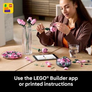 LEGO Botanicals Bouquet of Pink Roses Artificial Flowers - Building Blocks for Adults, Ages 18+ - Flowers for Home Office, Shelf or Room Decor - Gift for Women & Men - 10374