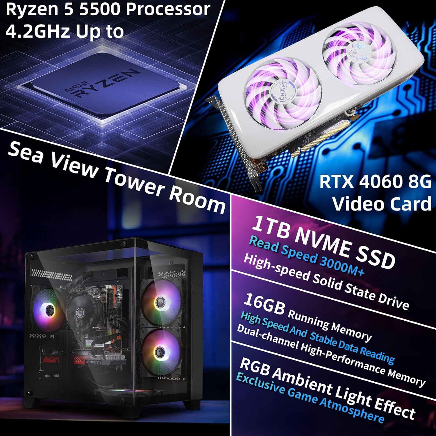 Prebuilt Gaming PC Desktop Computer,AMD Ryzen R5 5500 Desktop,Operating at A Frequency of 3.6-4.2 GHz,RTX 4060 Graphics Card with 8GB GDDR6 Video Memory,16GB RAM, 1TB NVME SSD,WiFi 5.0,RGB Fan x4