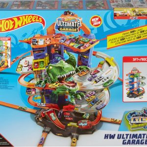 Hot Wheels - Juego de pistas de autos de juguete City Ultimate Garage Moving T-Rex Dinosaur, 100+ almacenamiento de vehículos a escala 1:64, 3 pies de alto, 2 autos de juguete