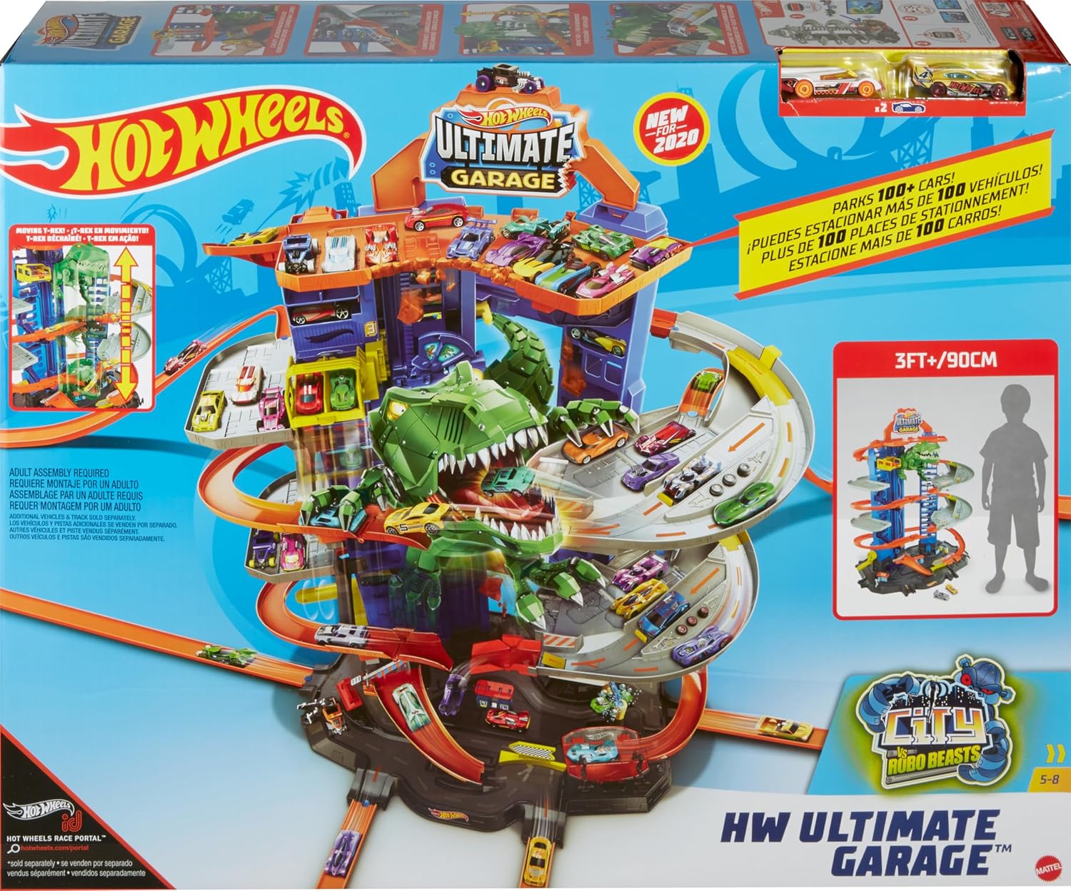 Hot Wheels - Juego de pistas de autos de juguete City Ultimate Garage Moving T-Rex Dinosaur, 100+ almacenamiento de vehículos a escala 1:64, 3 pies de alto, 2 autos de juguete